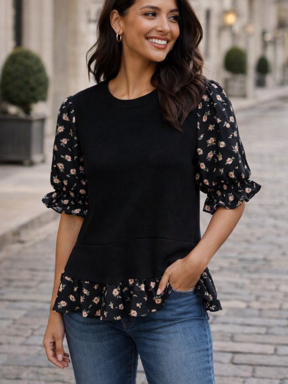 English Factory Black Top with Floral Puff Sleeves